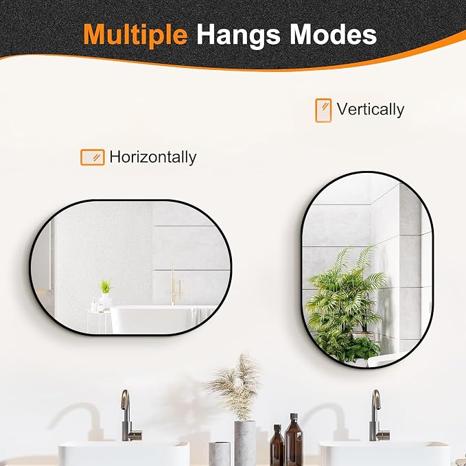 Oval Bathroom Vanity Mirror for Wall, 28''x20'' Black Oval Bathroom Mirror for Over Sink, Bedroom, Living Room, Entryway, HD Tempered Glass, Wall Mounted Horizontally or Vertically