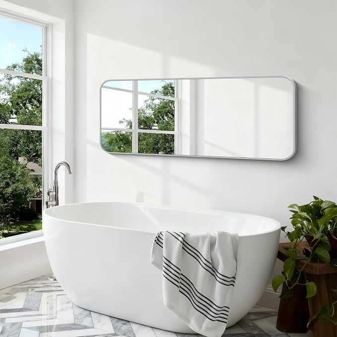 BONEWEI Silver Bathroom Mirror,24x60 inch Wall Mirror for Bathroom Wall Mounted,Rectangle Mirror for Bathroom Over Sink,Modern Frame Round Corner for Living Room,Bedroom Entryway,Horizontal/Vertical