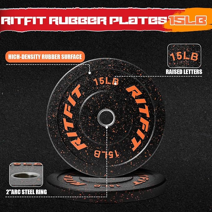 RitFit Bumper Plates, Colored Fleck-Rubber Weight Plates with Steel Insert, 2-inch Olympic Weight Plates for Weight Lifting and Strength Training