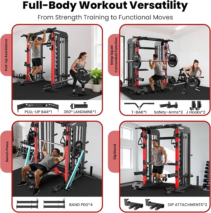 pooboo Multi-Functional Machine Power Cage, 2000LB Squat Rack, LAT-Pull Down System, Dual Pulley Cable Crossover System, Home Gym Workout Machine with Strength Training Attachments