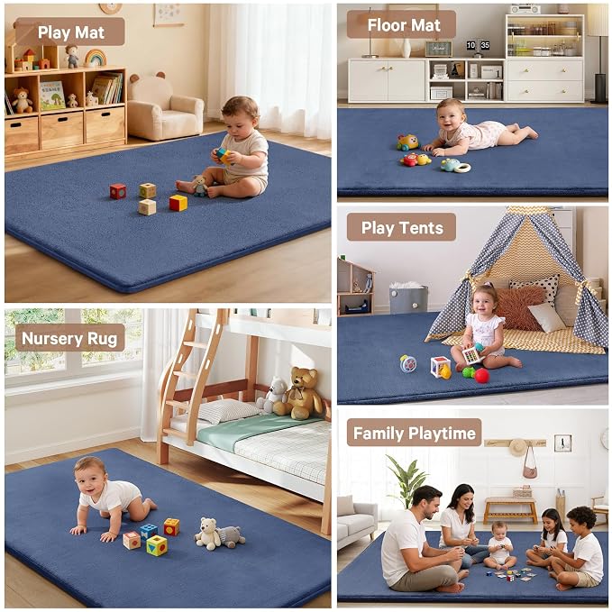Baby Play Mat for Floor,Ultra Thick Elastic Foam 50"x50" Playmat Tummy Time Muscle Crawling Exercise Activity Cushion Gym Mat Nursery Playroom Area Kids Rug for Babies, Toddlers,Infants,Navy Blue