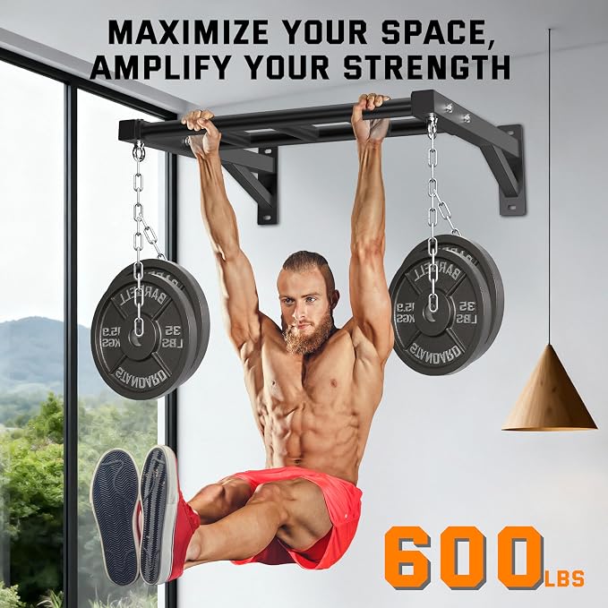 HOOUSA Wall-Mounted Pull-Up Bar, 600lb Load Capacity,Fit 24" wall Spacing | Multi Grip Design, 2 Suspension Ring, Suitable for Concrete and Wood Mounting, For Garage Indoor Basement Strength Training