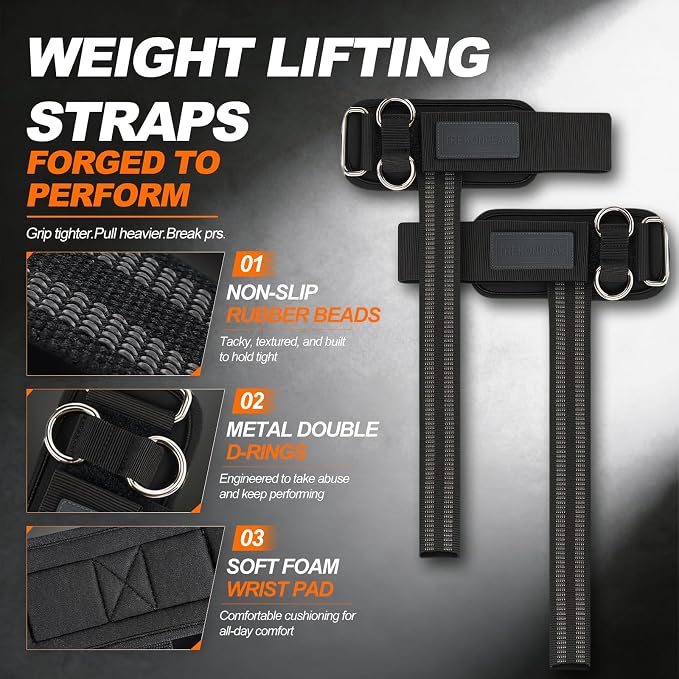 2-in-1 Weight Lifting Straps with Double D Rings, Gym Wrist Straps for Men | Anti-Slip Grip Deadlift Straps for Strength Training & Cable Machines,Padded Wrist Cuffs for Powerlifting,Rows,Pull-ups