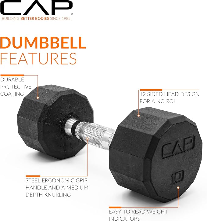 CAP Rubber Coated Dumbbell Weights, Free Weights for Home Gym Strength Training, Anti-Roll Hex Dumbbells with Black, Chrome & Comfort Grip Handles, Singles