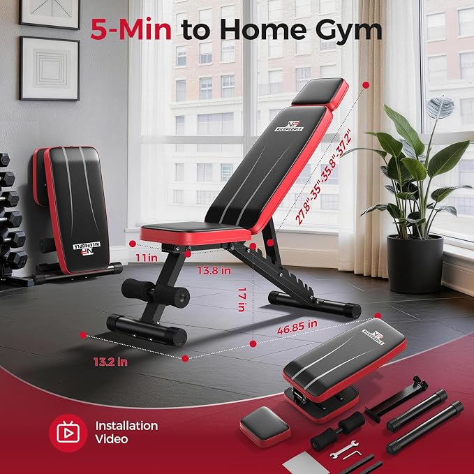 NICEPEOPLE Adjustable Weight Bench for Home Gym, 660LBS Capacity Workout Bench with 8 Backrests for Chest Shoulders Arms, Compact and Foldable Strength Bench for Small Space Apartment Room