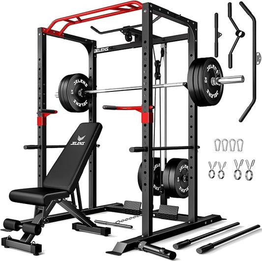 JELENS S11 Power Cage, 2000LB Multi-Function Power Rack with LAT Pulldown, Squat Rack with Adjustable Pulley System and Training Attachments, Weight Rack for Home Gym