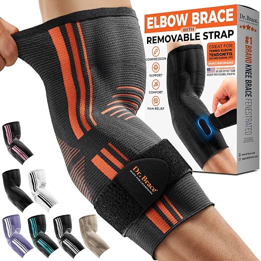 DR. BRACE® Elite Elbow Brace Support with Removable Strap for Women & Men, Pain Relief for Tendonitis, Arthritis, Golfer's & Tennis Elbow Treatment, Elbow Sleeve for Workouts Weightlifting (Grey-Orange, Small)