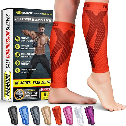 BLITZU Calf Compression Sleeves, Footless Compression Socks for Men & Women | Leg Support Brace, Shin Splint Pain Relief, Reduce Varicose Vein Swelling, Muscle Recovery, Running, Nursing, Fitness, Travel