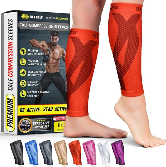 BLITZU Calf Compression Sleeves, Footless Compression Socks for Men & Women | Leg Support Brace, Shin Splint Pain Relief, Reduce Varicose Vein Swelling, Muscle Recovery, Running, Nursing, Fitness, Travel