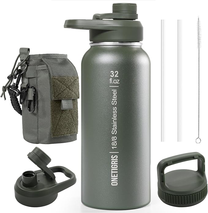 ONETIGRIS 32oz Insulated Tactical Water Bottle with Straw & MOLLE Sleeve | 3 Lids,Keeps Ice Cold 48H Hot 24H,304 Food-Grade Stainless Steel,360° Leakproof Silicone Seal,2 Straws Kit,Paracord Handle