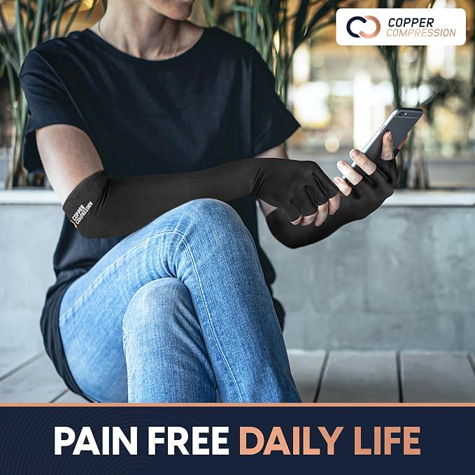Copper Compression Long Arthritis Pain Relief Gloves - Copper Infused Orthopedic Fingerless Hand Brace for Women, Men - Carpal Tunnel, Computer Typing, RSI, Support Hands, Wrist, Arms - 1 Pair - SM