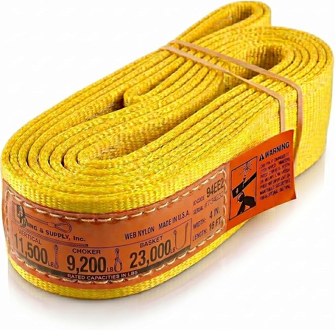 DD Sling 4 Inch x 16 Foot Nylon Lifting Sling – USA Made, 11,500 lb Vertical, 9,200 lb Choker, 23,000 lb Basket – 2-Ply Heavy Duty 900 Webbing, Type 3 Flat Eye & Eye Rigging Sling