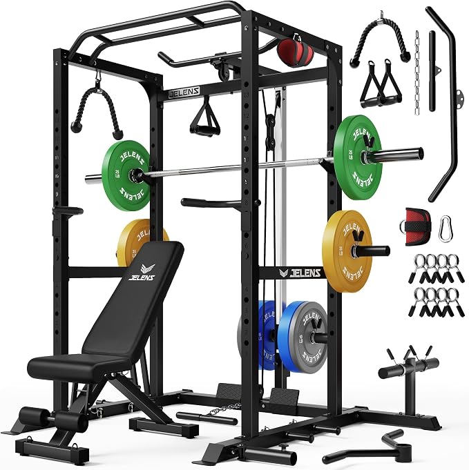 JELENS S21 Power Cage, Multi-Function Power Rack with Adjustable Cable Crossover System, 2000LBS Squat Rack for Home Gym with More Training Attachments