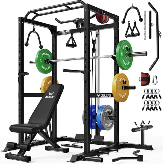 JELENS S21 Power Cage, Multi-Function Power Rack with Adjustable Cable Crossover System, 2000LBS Squat Rack for Home Gym with More Training Attachments
