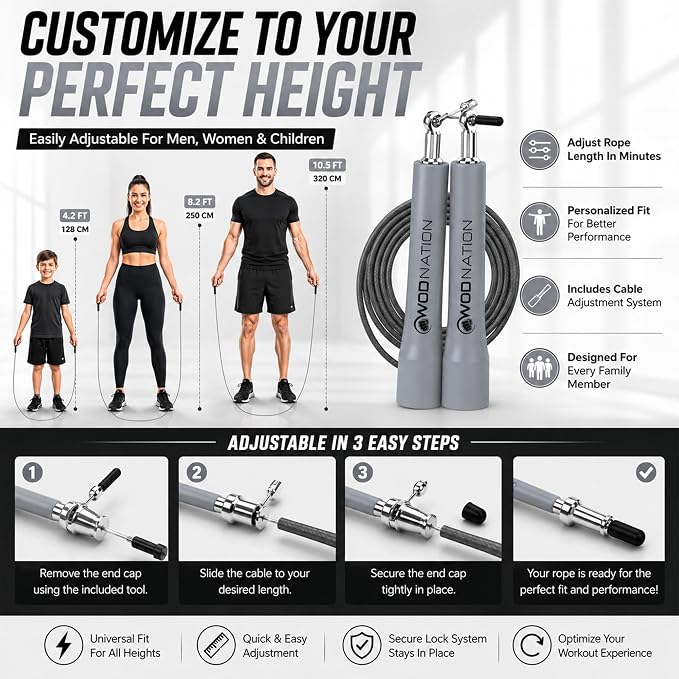 WOD Nation Adjustable Speed Jump Rope For Men, Women & Children - Blazing Fast Fitness Skipping Rope Perfect for Boxing, MMA, Endurance