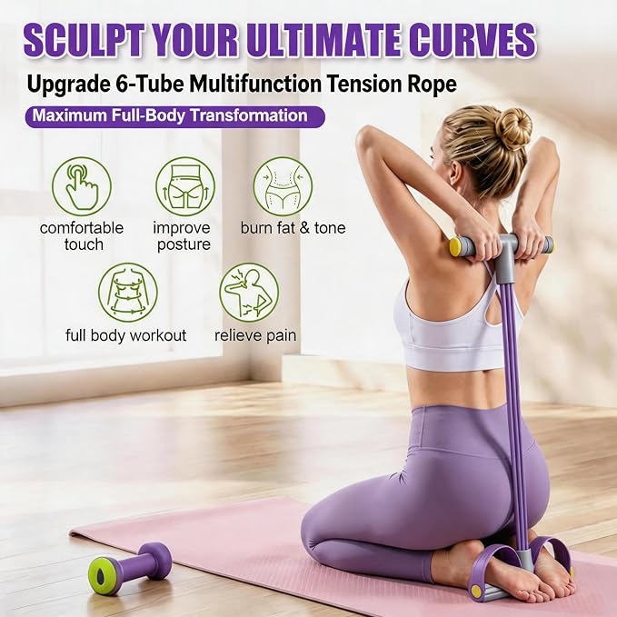 Multifunction Foot Pedal Resistance Bands with Handles, 6-Tube Elastic Yoga Exercise Bands, Home Gym Workout Equipment for Women & Men to Abs, Core, Leg, Arm, Waist Stretching