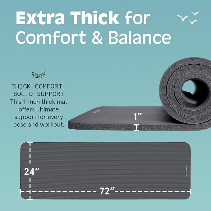 Retrospec Solana Yoga Mat 1" Thick w/Nylon Strap for Men & Women - Non Slip Exercise Mat for Home Yoga, Pilates, Stretching, Floor & Fitness Workouts
