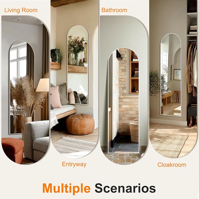 TRAHOME Arched Full Length Mirror, 56"x15" Standing Body Mirror for Wall, with Aluminum Alloy Frame for Bedroom, Living Room, Dressing Room(Silver)