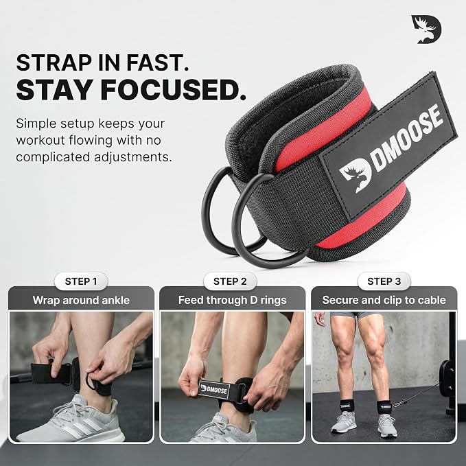 DMoose Ankle Strap for Cable Machine - One Size Fit with Premium Padding, Workout Kickback Ankle Cuffs, Ankle Bands for Working Out, Booty Workouts, Leg Extension, Hip Abductors & Lower Body Exercises