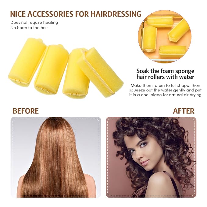 Syhood 48 Pcs Foam Hair Rollers for Overnight Styling Flexible Sponge Heatless Curlers and Rat Tail Comb for Short/long Hairs Women Hairdressing Styling(Yellow,1.18 inch)