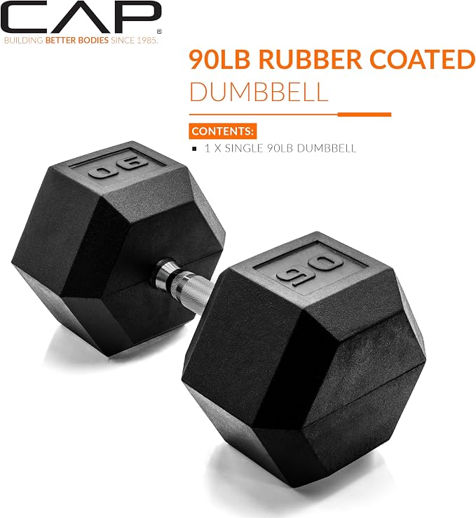 CAP Rubber Coated Dumbbell Weights, Free Weights for Home Gym Strength Training, Anti-Roll Hex Dumbbells with Black, Chrome & Comfort Grip Handles, Singles