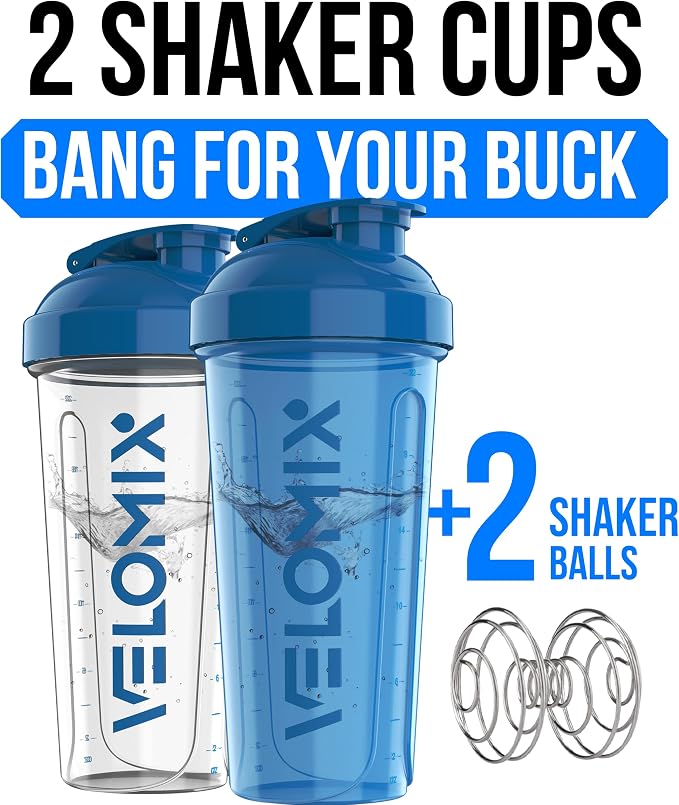 VELOMIX 2 Pack 28oz Protein Shaker Bottle, Blue/Transparent | 2x Wire Whisk, Leak Proof Shaker Cups for Protein Shakes, Stackable, Dishwasher safe, BPA free, Pre Workout and Fitness ready