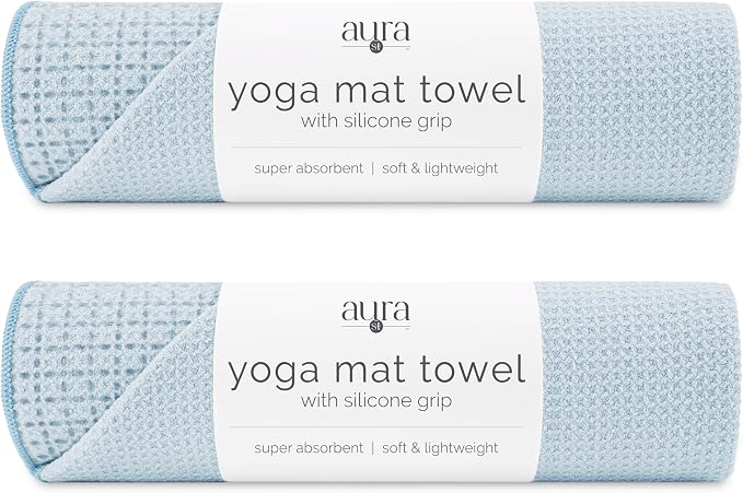 S&T INC. Aura Microfiber Yoga Mat Towel with Grip, 2 Pack, 24" x 72", Blue | Silicone Grip Backing, Soft and Absorbent, Quick-Dry for Gym, Pilates, and Hot Yoga, Compact for Gym Bag, Machine Washable