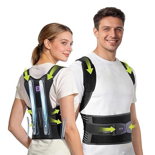 Rakiie Posture Corrector for Women Men, 4 Full Back Support Brace Bars, Adjustable Shoulder Straightener with Cushioned Pads for Hunchback, Round Shoulders, Back Pain Relief, Purple S