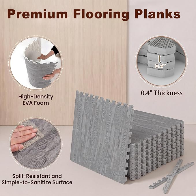 Giantex 25 Pcs Faux Wood Grain EVA Foam Tiles, 24"x24" Interlocking Floor | 100 Sq. Ft Puzzle Exercise Mats with 50 Borders, 0.4" Thick Waterproof Anti-Slip Flooring for Home Gym, Basement, Gray Oak