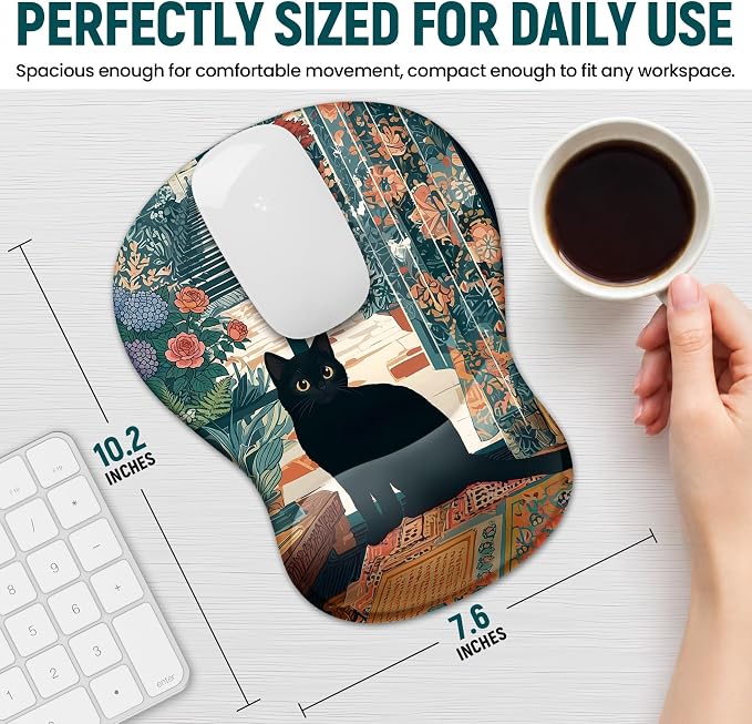 Ergonomic Mouse Pad with Wrist Rest, Gel Wrist Support, Cozy Cat | 10.2 x 7.6 in Mouse Pad with Smooth Fabric Surface and Non-Slip Rubber Base for Office, Home, Study, and Gaming