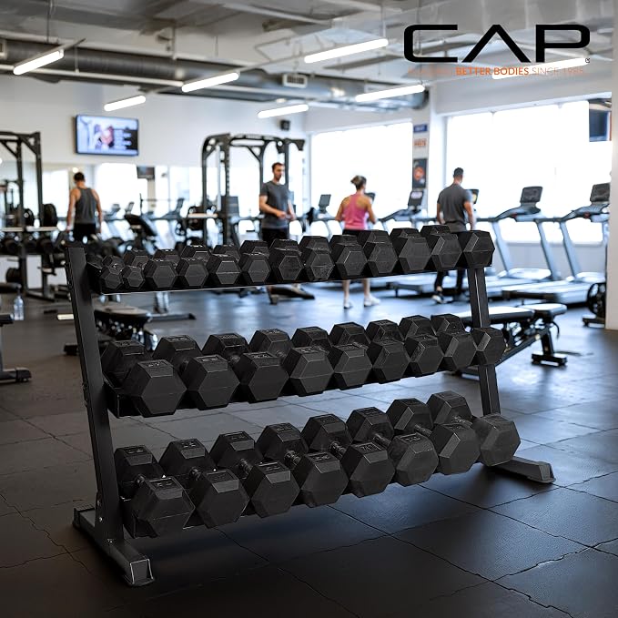 CAP 280 LB, 550 LB, 1200 LB Dumbbell Set with Horizontal 2-3 Tier Rack, Rubber Hex Free Weights, Home Gym Weight Set for Strength Training
