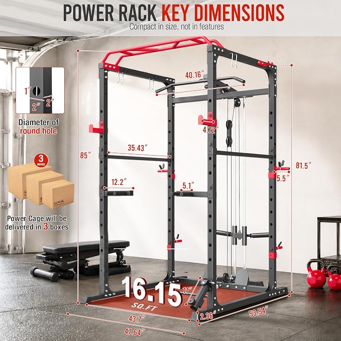 HulkFit Power Rack, Multi-Function Squat Rack with LAT Pull Down, Power Cage with Pulley System, Strength Training Home Gym Equipment with Workout Equipment Attachments, Cable Machine for Home Gym