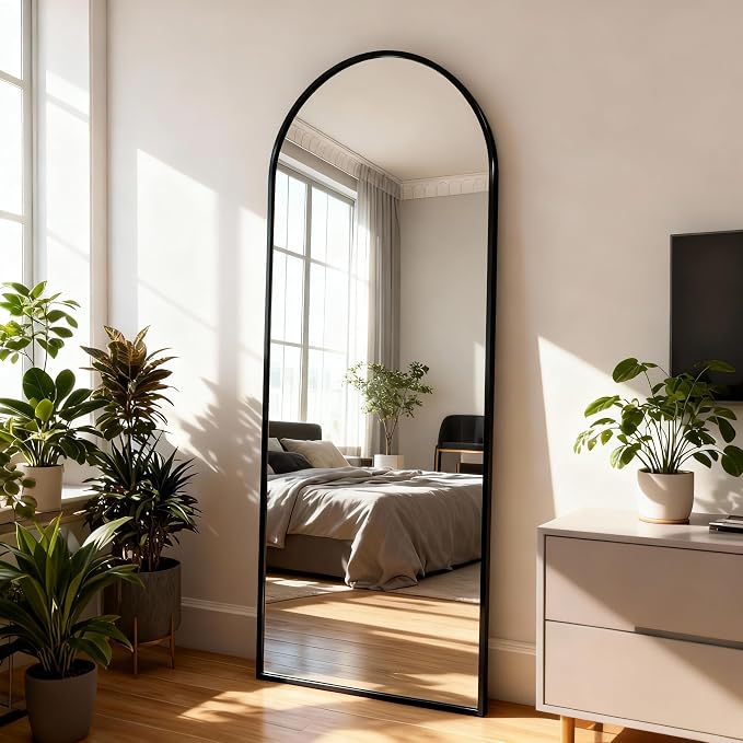 Arched Full Length Mirror 56"x15" Black | Aluminum Frame Shatterproof Glass, Freestanding Leaning Wall Mounted Mirror for Bedroom Living Room Entryway, Modern