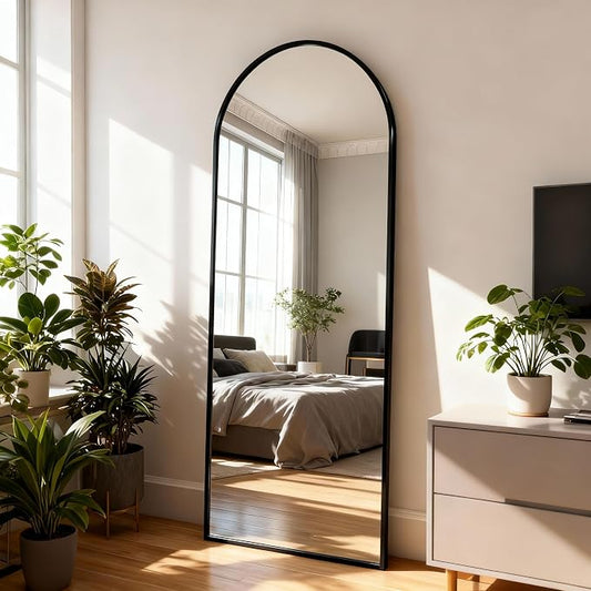 Arched Full Length Mirror 56"x15" Black | Aluminum Frame Shatterproof Glass, Freestanding Leaning Wall Mounted Mirror for Bedroom Living Room Entryway, Modern
