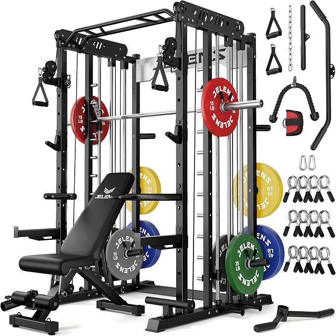 JELENS Smith Machine for Home Gym, Multi-Function M12 Power Cage with Cable Crossover System, Squat Rack with Smith Bar and More Attachment