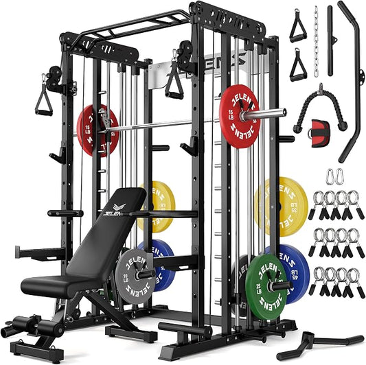 JELENS Smith Machine for Home Gym, Multi-Function M12 Power Cage with Cable Crossover System, Squat Rack with Smith Bar and More Attachment