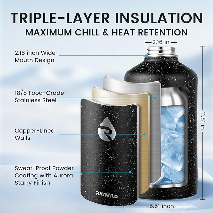 RAYMYLO 128oz Insulated Water Bottle, Triple Wall Vacuum Stainless Steel Water Bottles