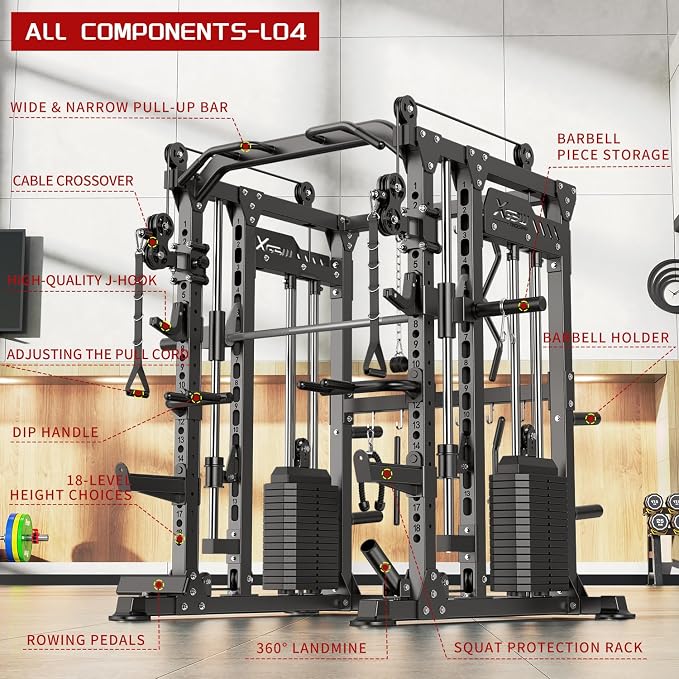 XGSW Smith Machine with Weight Stack, Multi-Function Squat Rack Power Cage with Cable Crossover System, for Home Gym