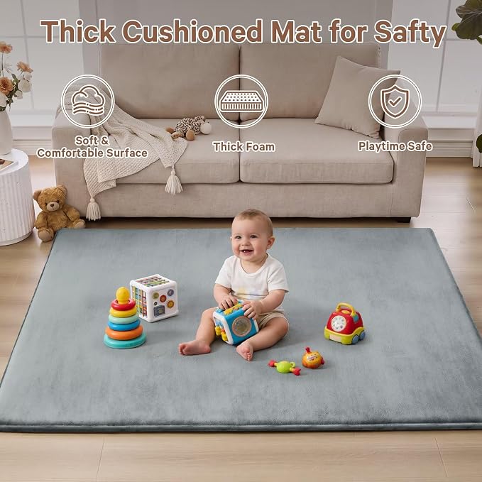 Baby Play Mat for Floor,Ultra Thick Elastic Foam 50"x50" Playmat Tummy Time Muscle Crawling Exercise Activity Cushion Gym Mat Nursery Playroom Area Kids Rug for Babies, Toddlers,Infants,Light Grey