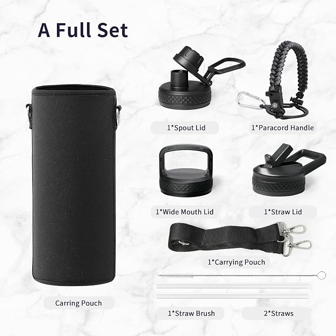 Trebo Water Bottle Insulated 40 oz with 3 Lids, Paracord Handle & Sleeve | Stainless Steel Flask Vacuum, Triple Wall Copper Plated, Dishwasher Safe, Keeps Cold 48Hrs for Hiking, Gym, Wide Mouth