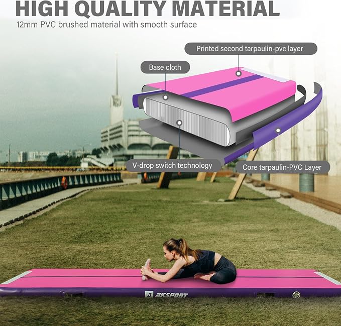 AKSPORT Gymnastics Air Mat Tumble Track Tumbling Mat Inflatable Floor Mats with Air Pump for Home Use/Tumble/Gym/Training/Cheerleading/Parkour/Beach/Park/Water