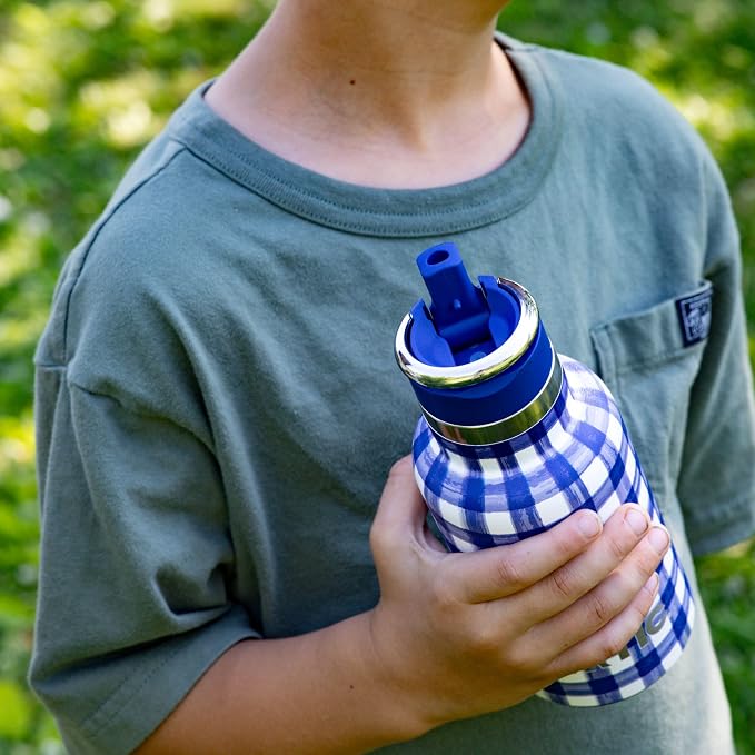 RTIC Little Journey Water Bottle with Straw, Ceramic-Lined, Insulated, Stainless Steel, Metal, Double Wall Vacuum-Insulation, Leak-Proof Lid, BPA-Free Water Flask for Sports, Travel, Cobalt Gingham