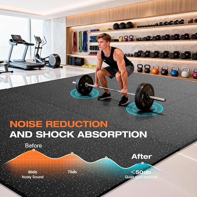 0.56'' Thick 24 Pcs 96 Sq Ft Non-Slip Rubber Top Exercise Equipment Mats, High Density EVA Foam Mats with Rubber Top, Interlocking Puzzle Gym Flooring for Home Gym, Workout Floor Mats, Black