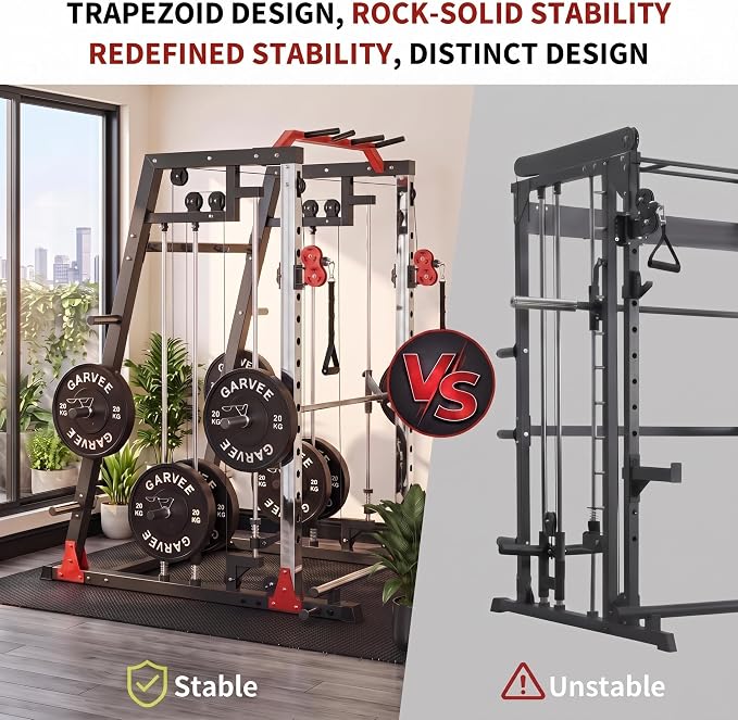 Smith Machine Home Gym – 2200LBS Multi-Function Squat Rack with Smith Bar | Power Cage,LAT Pulldown,Cable Crossover System,Dual Pulley Station,360° Landmine, Heavy Duty Full Body Workout Equipment