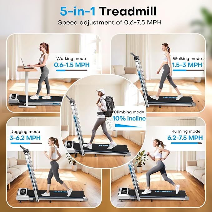 5 in 1 Foldable Treadmill, 7.5 MPH Treadmills for Home with App Compatible, Treadmill with 10% Incline, 3.0HP Brushless Drive, Remote Control and LED Display, 12 HIIT Programs, 400 LBS Capacity