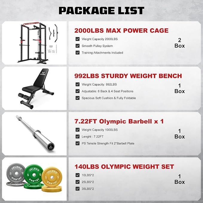 JELENS S11 Power Cage, 2000LB Multi-Function Power Rack with LAT Pulldown, Squat Rack with Adjustable Pulley System and Training Attachments, Weight Rack for Home Gym