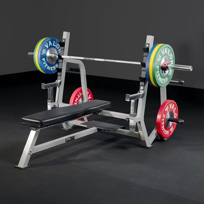 Valor Fitness Olympic Weight Bench Press Station | Spotter Arms, Adjustable Safety Catch, Max 500 lbs, Plate Storage Pegs, Home Gym Equipment