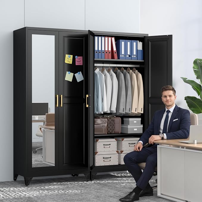 Polup Metal Armoire Wardrobe Closet with Mirror, 71" Tall Black Cabinet | Heavy Duty Steel Clothing Storage Cabinet with Hanging Rod & Adjustable Shelves for Bedroom, Office, Clothes Organizer