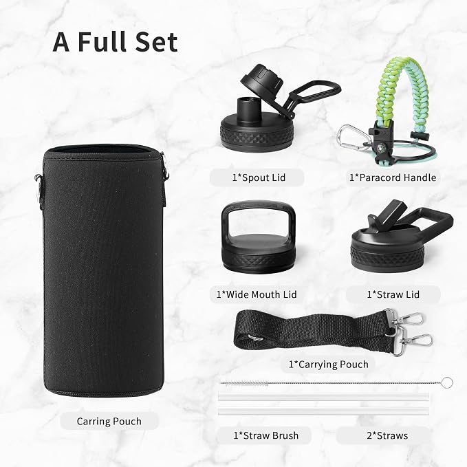 Trebo Insulated Water Bottle 32 oz with 3 Lids, Paracord Handle & Sleeve | Stainless Steel Metal Flask Vacuum, Triple Wall Copper Plated, Dishwasher Safe, Cold 48Hrs for Trail, Hiking, Wide Mouth