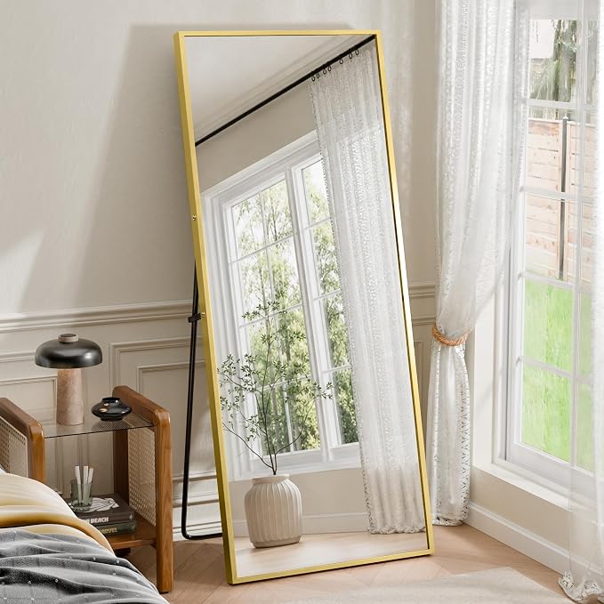 64"×21" Full Length Mirror, Shatterproof Tempered Glass Floor Mirror, Alum Alloy Thin Frame Standing Mirror with Freestanding/Leaning/Wall Mount for Bedroom, Living Room & Entryway, Gold